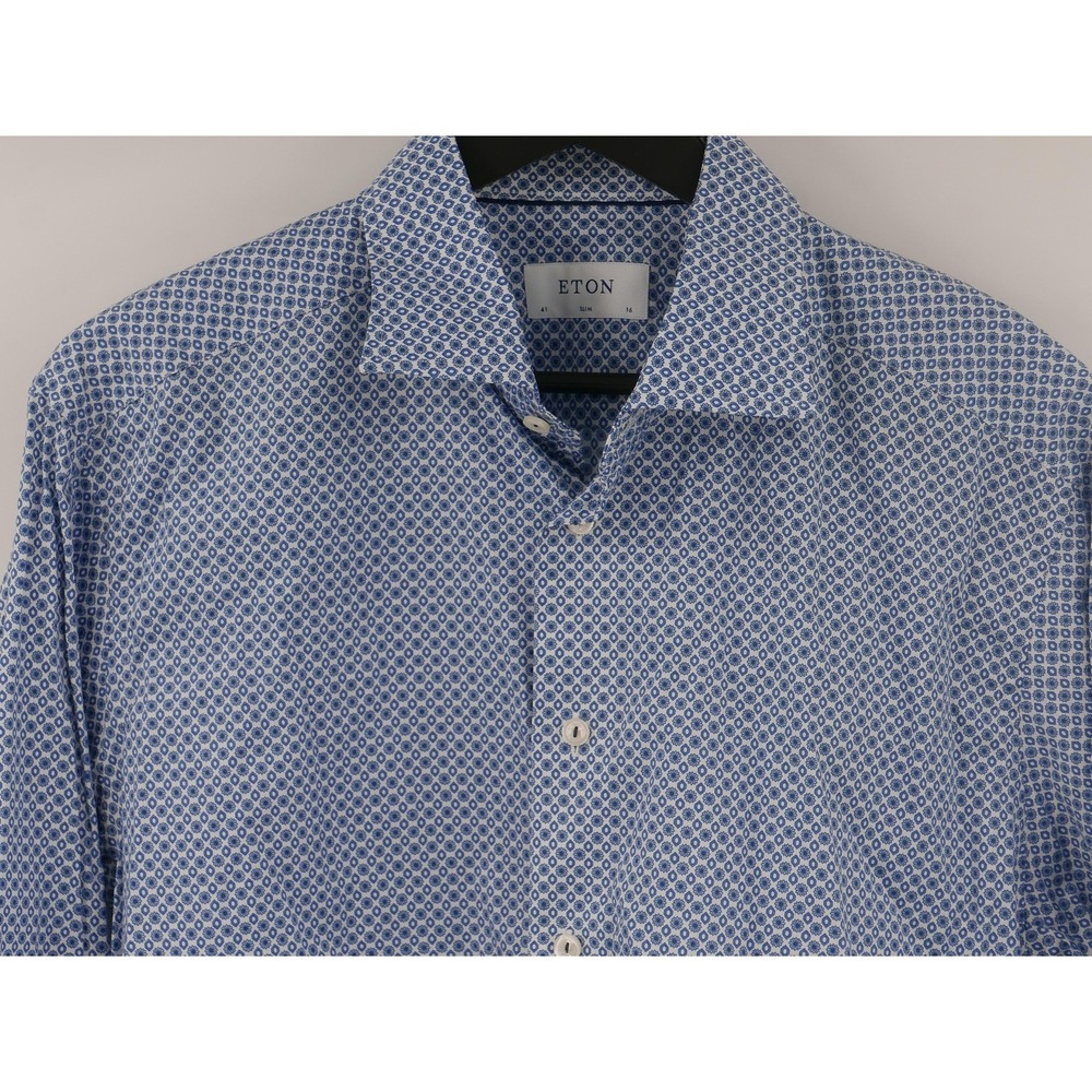 Eton Dress Shirt Blue Floral Cotton Twill Slim Stretch Long Sleeve Men's 16 41